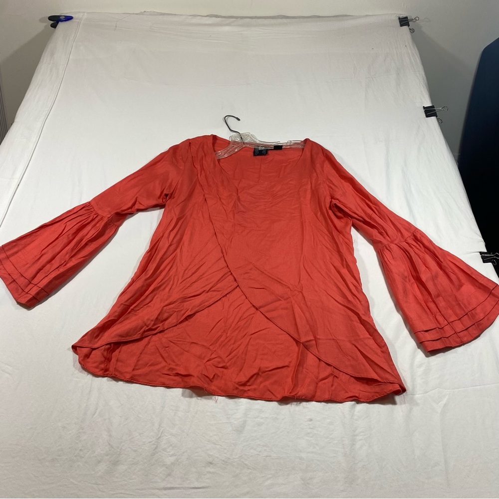 RU Apparel Wrap Tunic Top Coral long sleeve Top Bell sleeves Blouse medium size